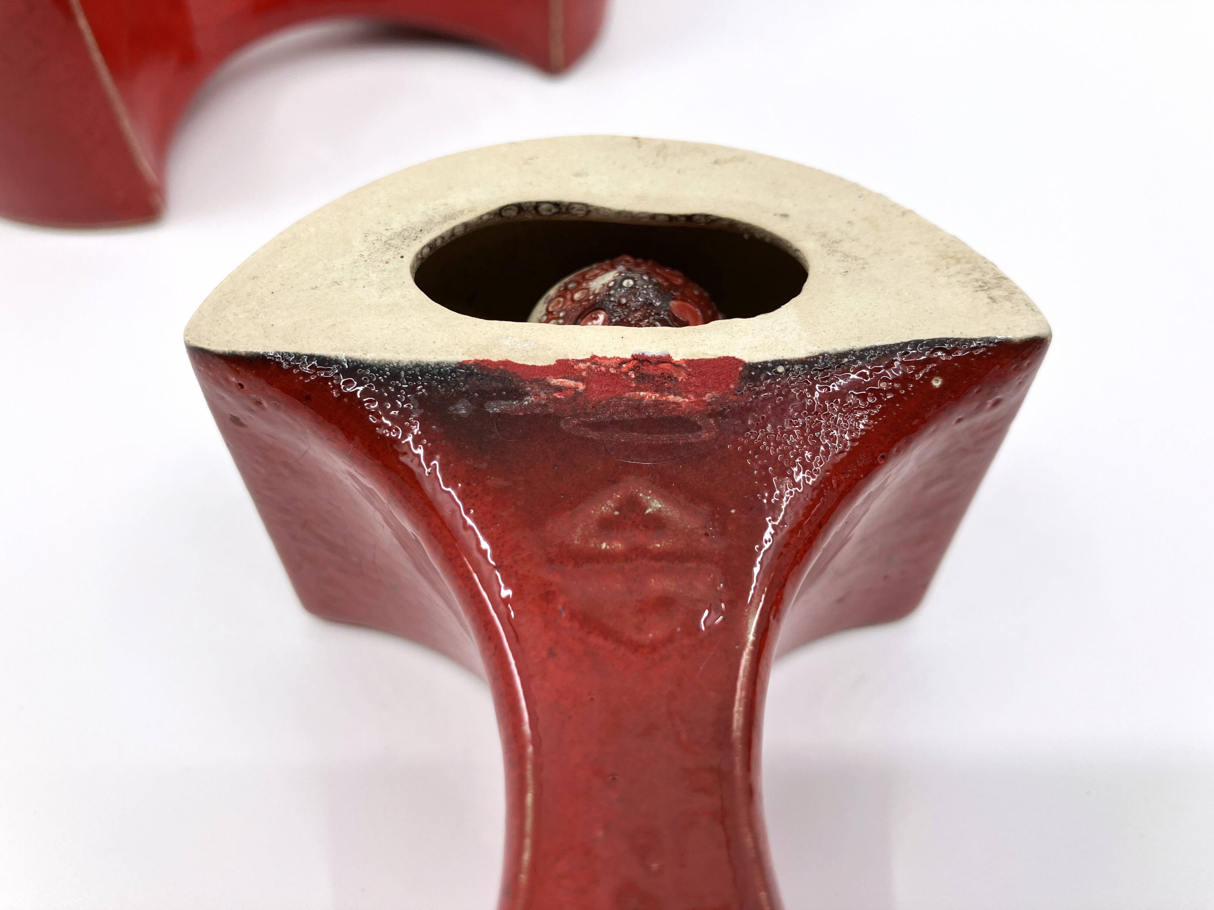3 red ceramic candlesticks • Cari Zalloni • Steuler • 1970