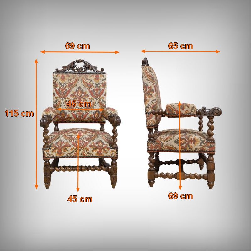 Ornamental armchair in oak, Louis XIII style – Early 20th century