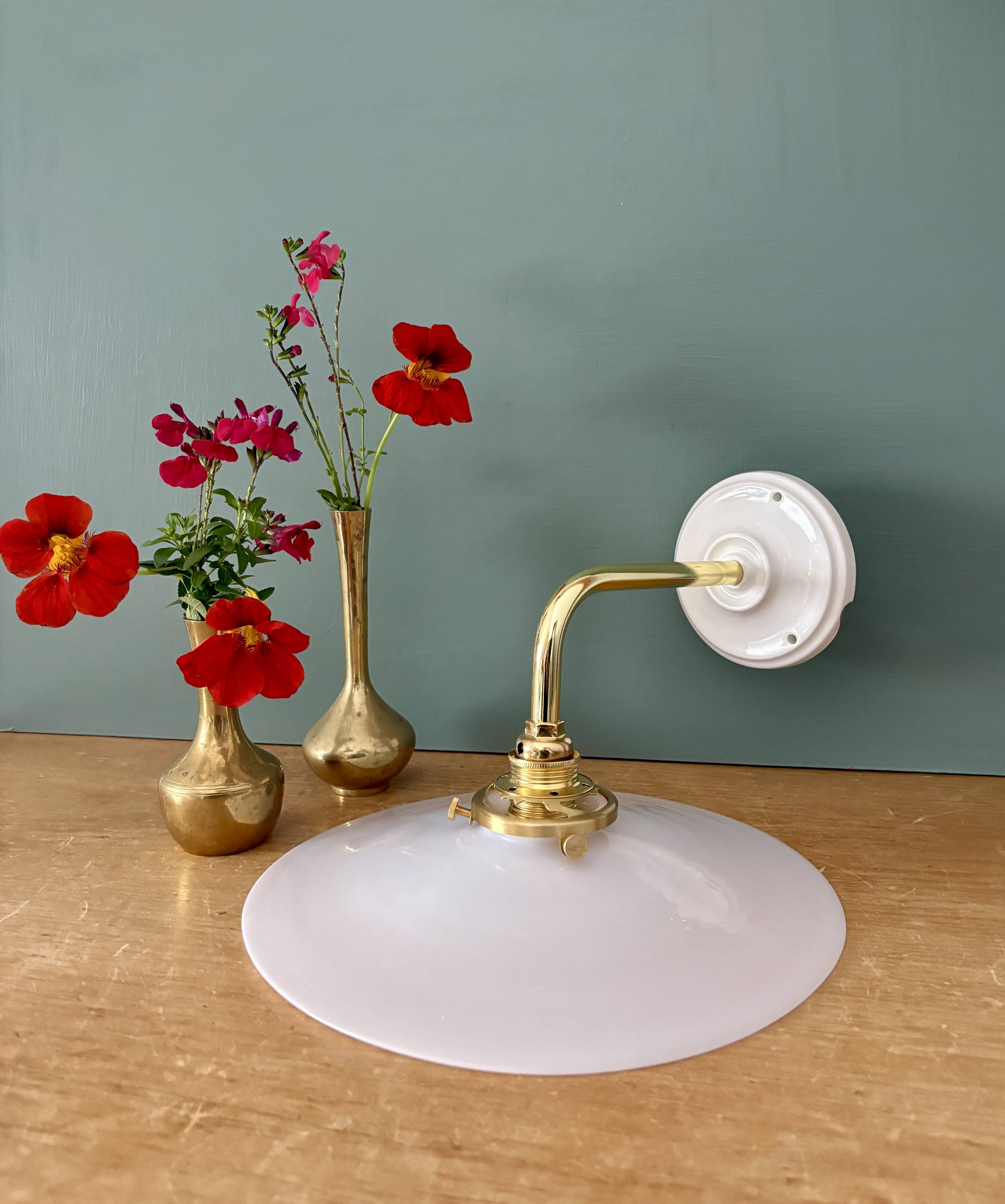 Vintage white opaline wall lamp with elbow arm