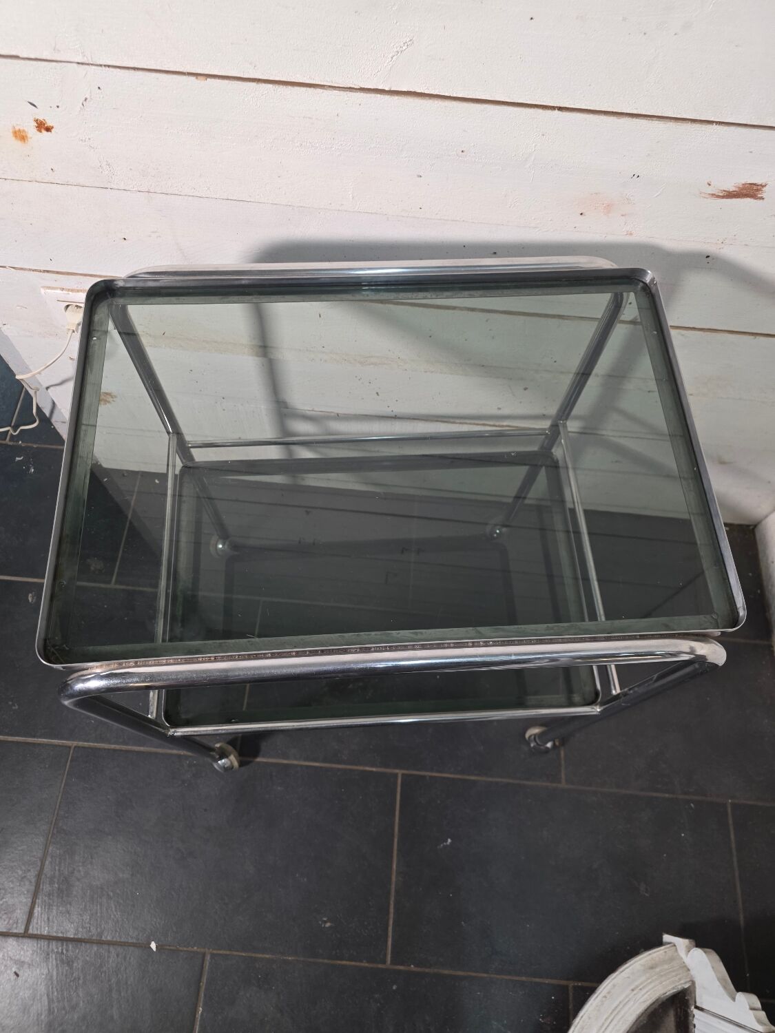 Vintage chrome metal dessert trolley with smoked glass from the 1970s.