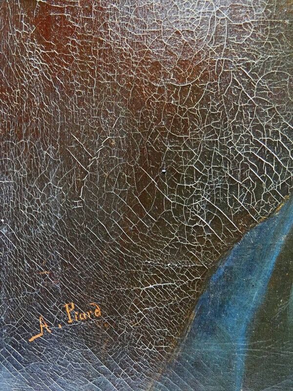 Ancien portrait de jeune femme de profil, huile sur toile A.Piard XIXe