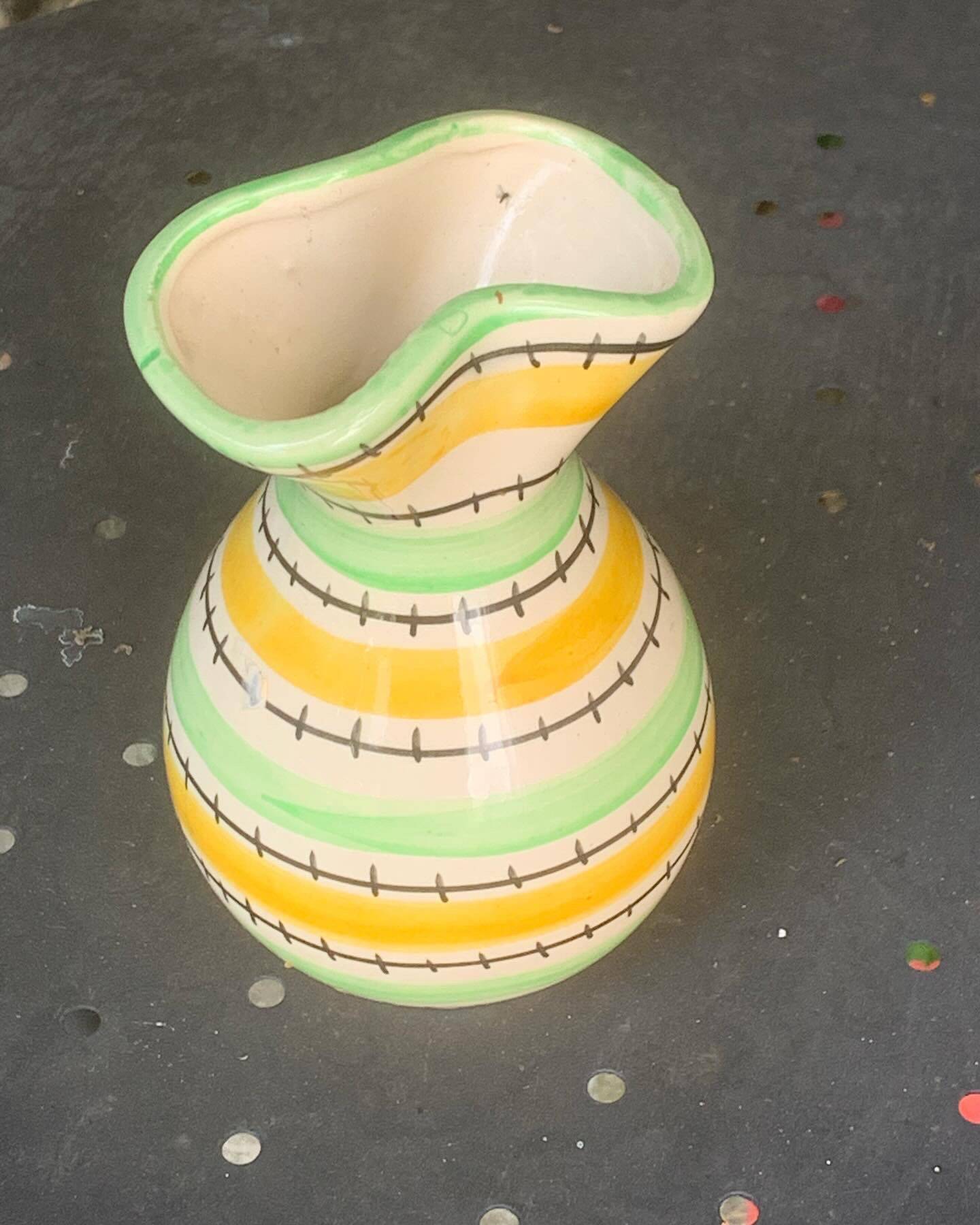 Green and yellow glazed ceramic vase, vintage pattern and design 1950/60