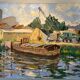 Old painting, barge at the dock, signed Maurice Pannetier, 70s/80s