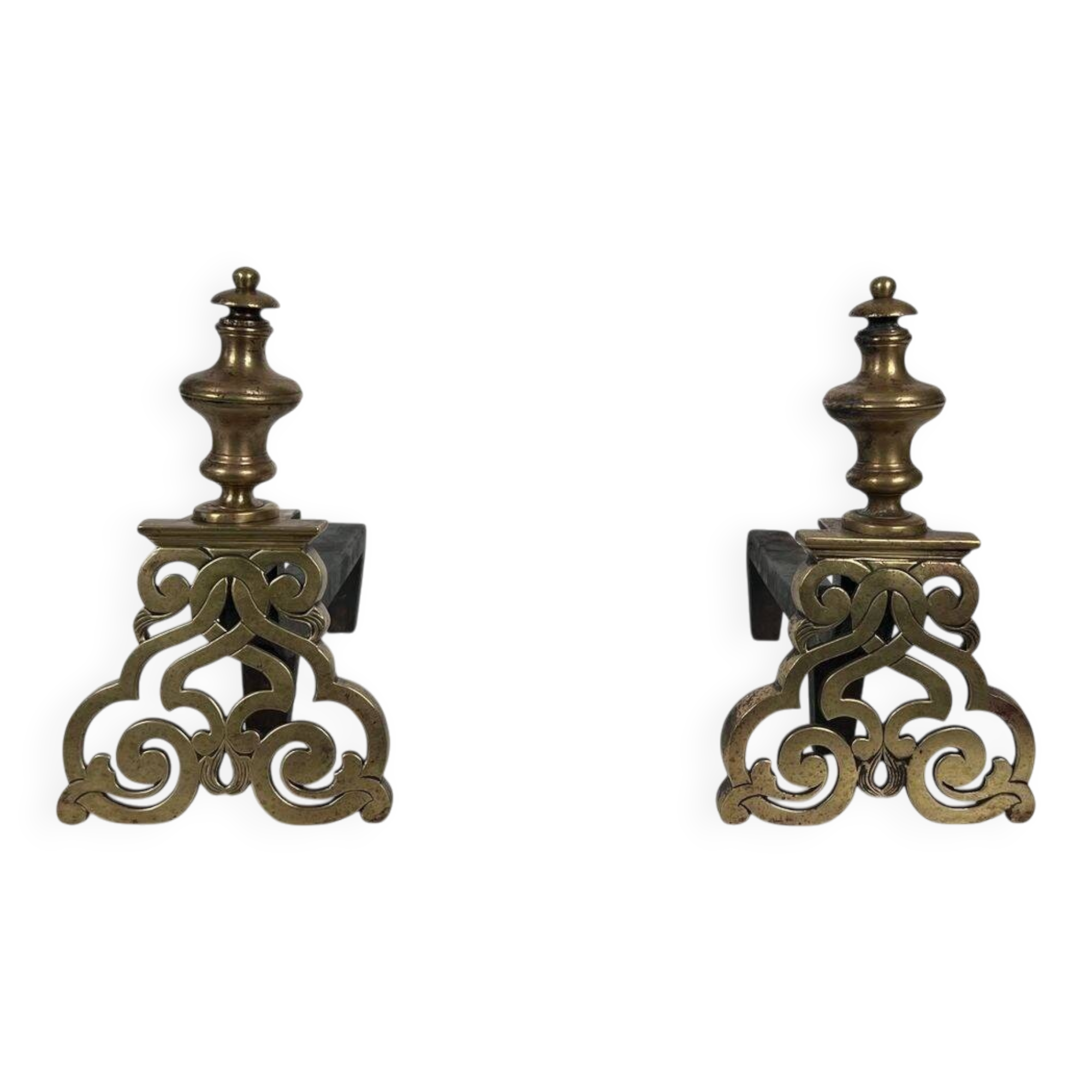 Pair of Chiselled Bronze and Wrought Iron Chenets in Louis XV Style