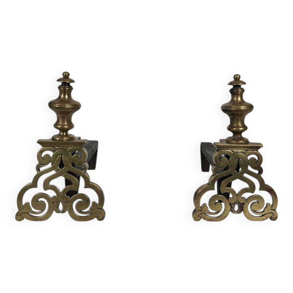 Paire de Chenets en Bronze Ciselé et Fer Forgé de Style Louis XV