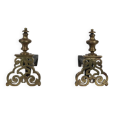 Pair of Chiselled Bronze and Wrought Iron Chenets in Louis XV Style