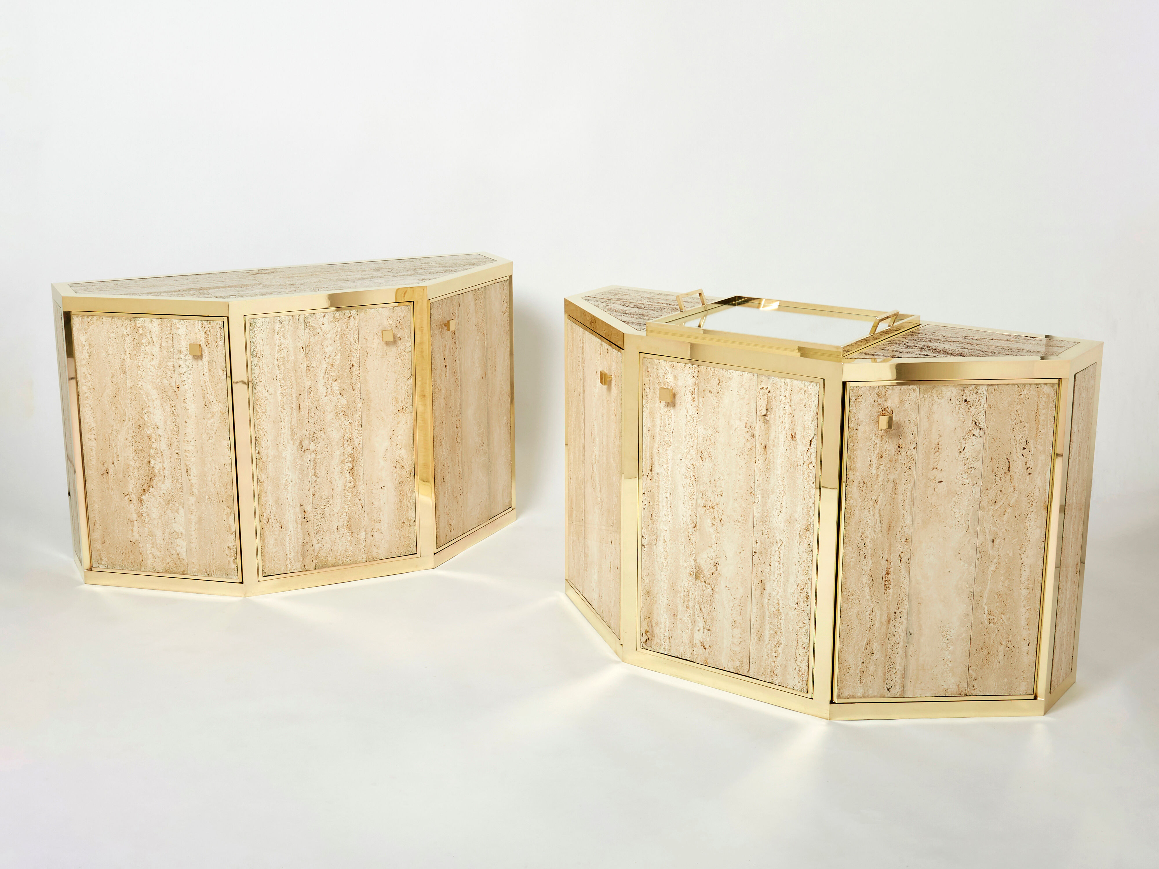 Pair of travertine brass cabinets by Alfredo Freda 1975