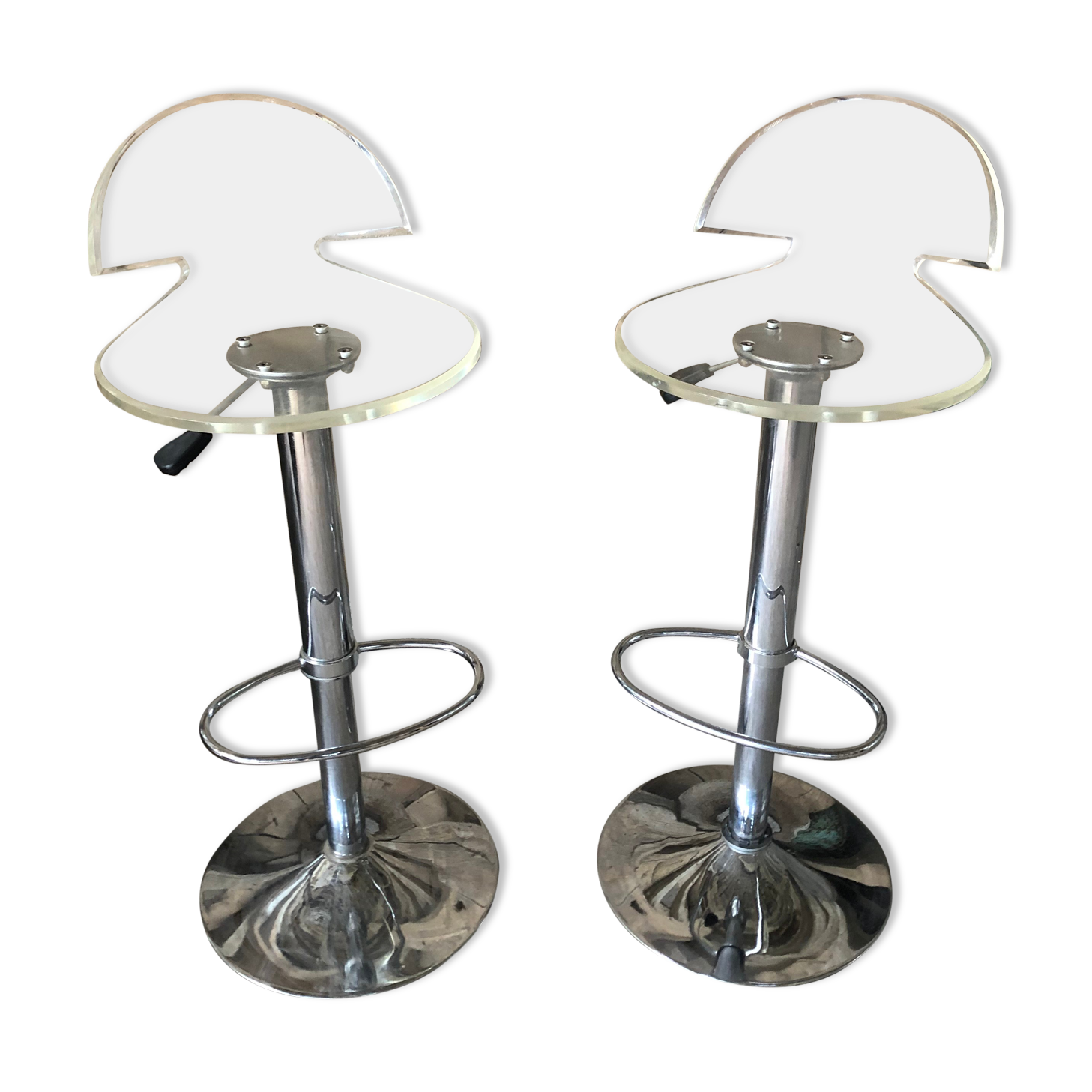 Pair Stool Foot Bar Tulip Metal Chrome + Seat Plexi Transparent Vintage