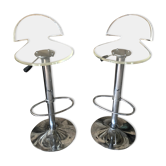 Paire Tabouret Pied Bar Tulipe Métal Chromé + Assise Plexi Transparent Vintage