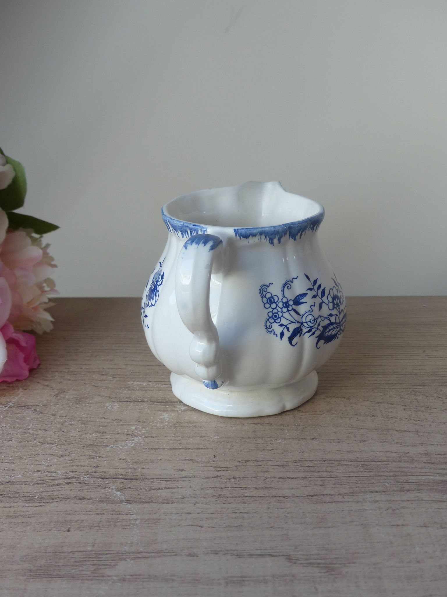 Old Milk Jug, Creamer, Pourer, Sarraguemines Lancaster Blue Flower Decor Vintage