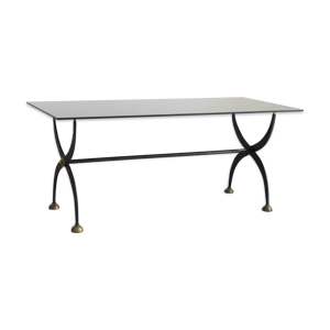 table en fer forgé avec verre laqué noir, Italia années 1970