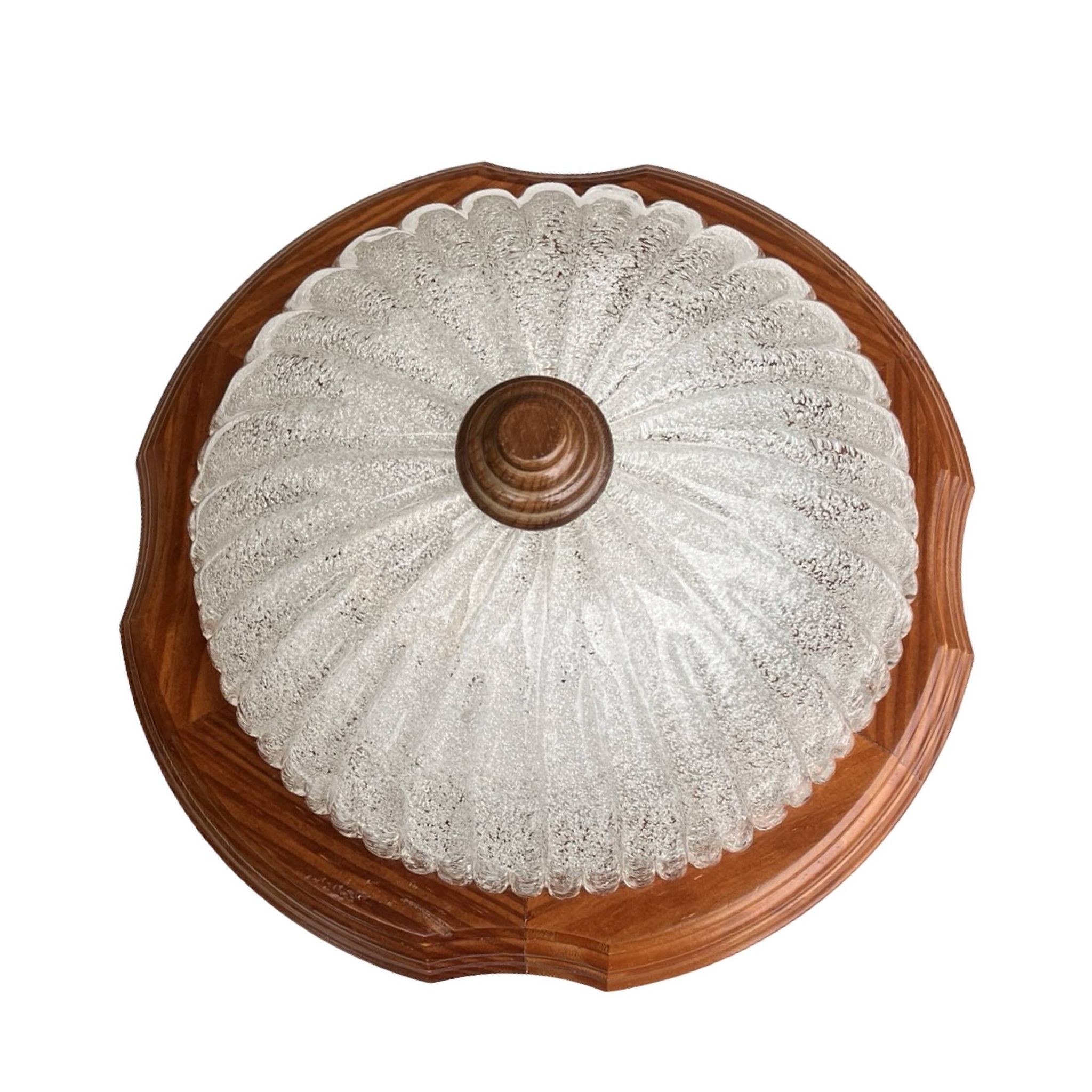 Italian ceiling lamp from the 1970s | ice glass and wood Mid Century Modern