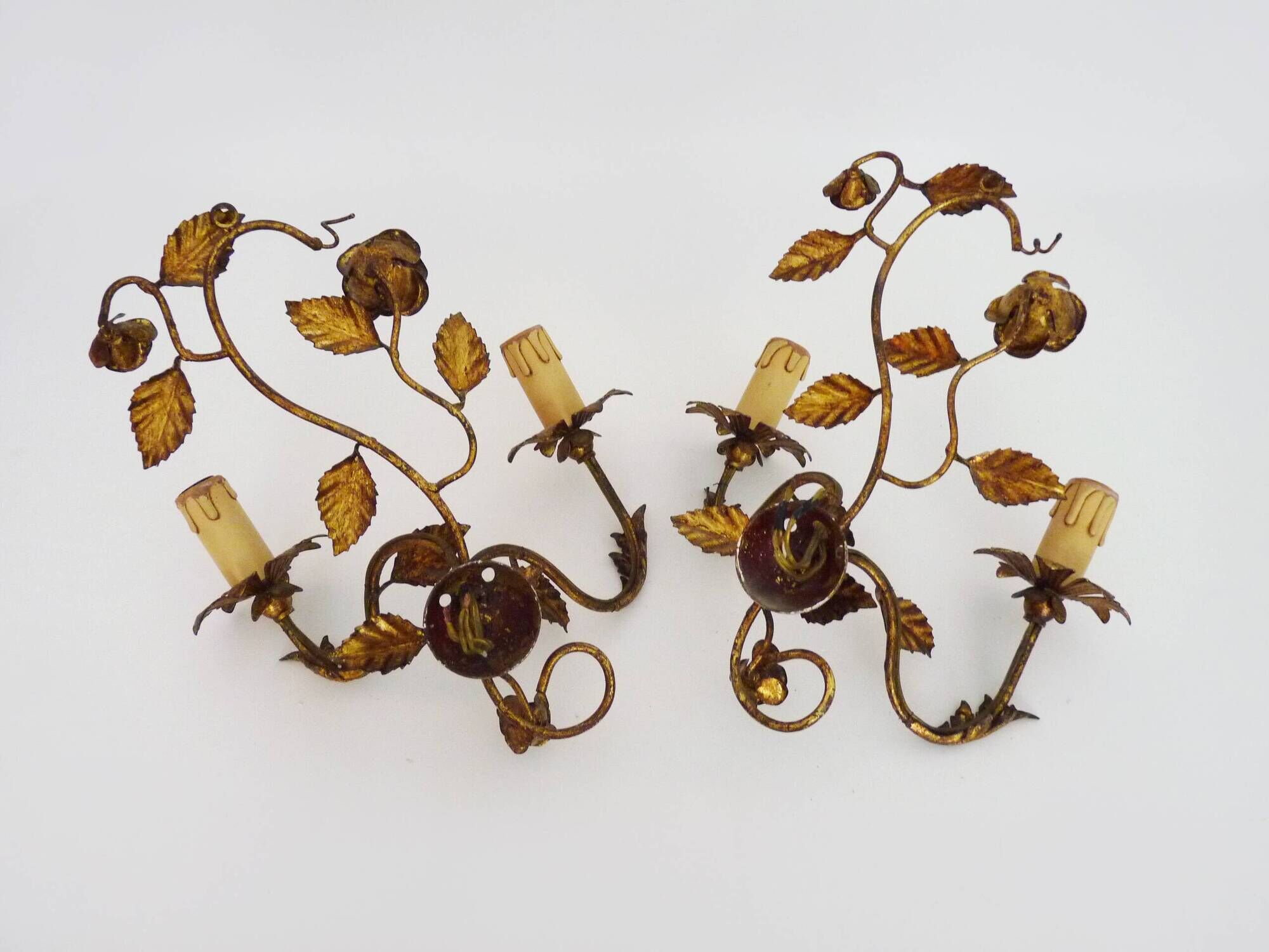 Pair of vintage wall lights with gold metal foliage flowers, 1960s