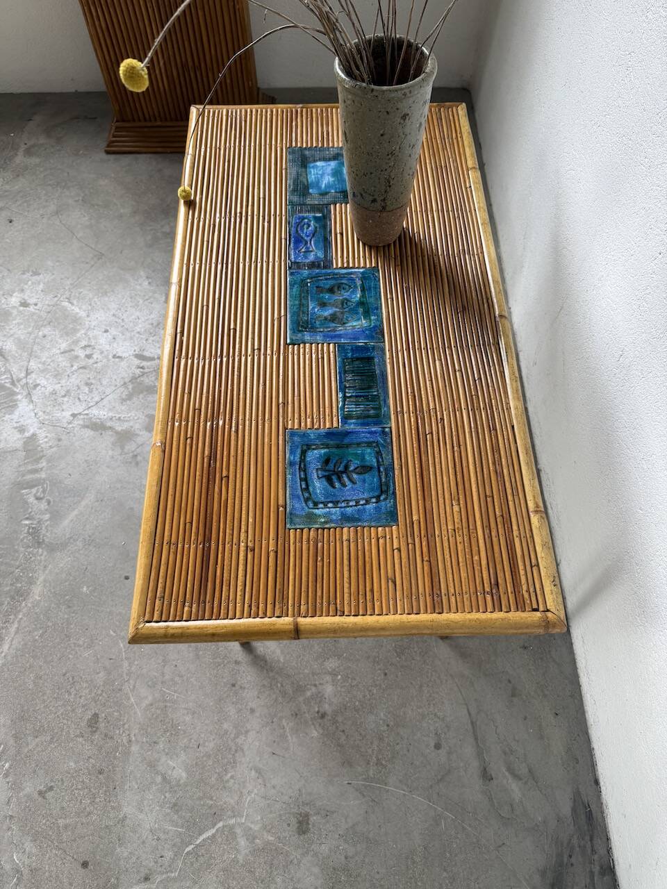 Rattan and ceramic coffee table, 60s