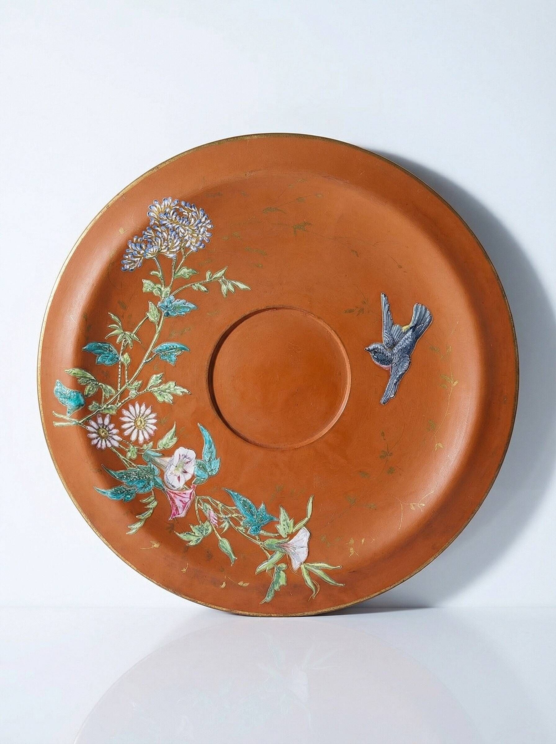 Large clay/terracotta dish with Japanese-style glazing, Art Nouveau.