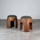 Sculptural pair of ash wood stools with dedar milano bouclé