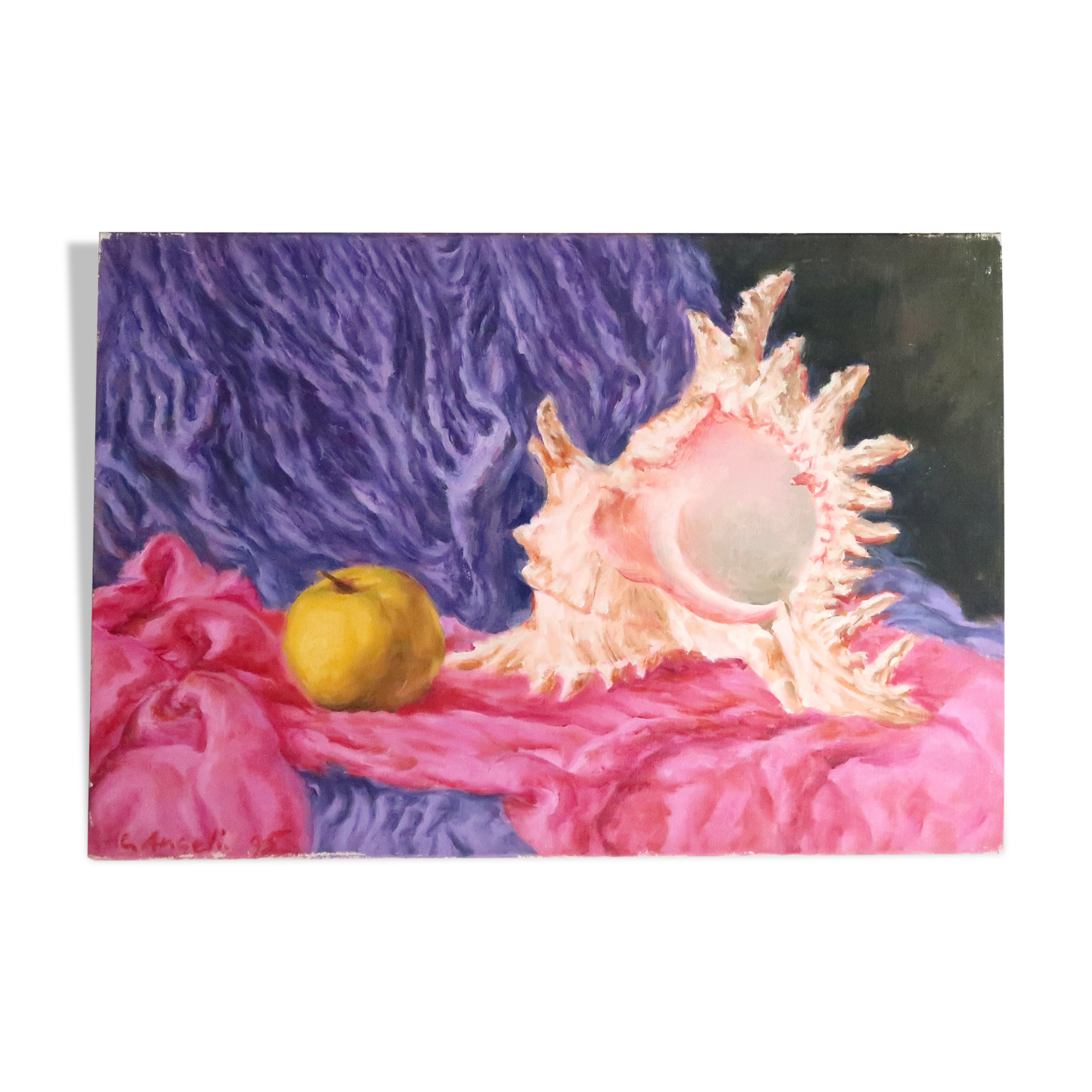 Painting, still life with shell by Cécile Angeli, 90s
