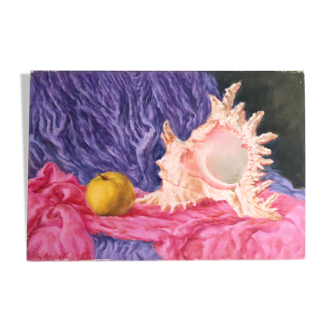 Painting, still life with shell by Cécile Angeli, 90s