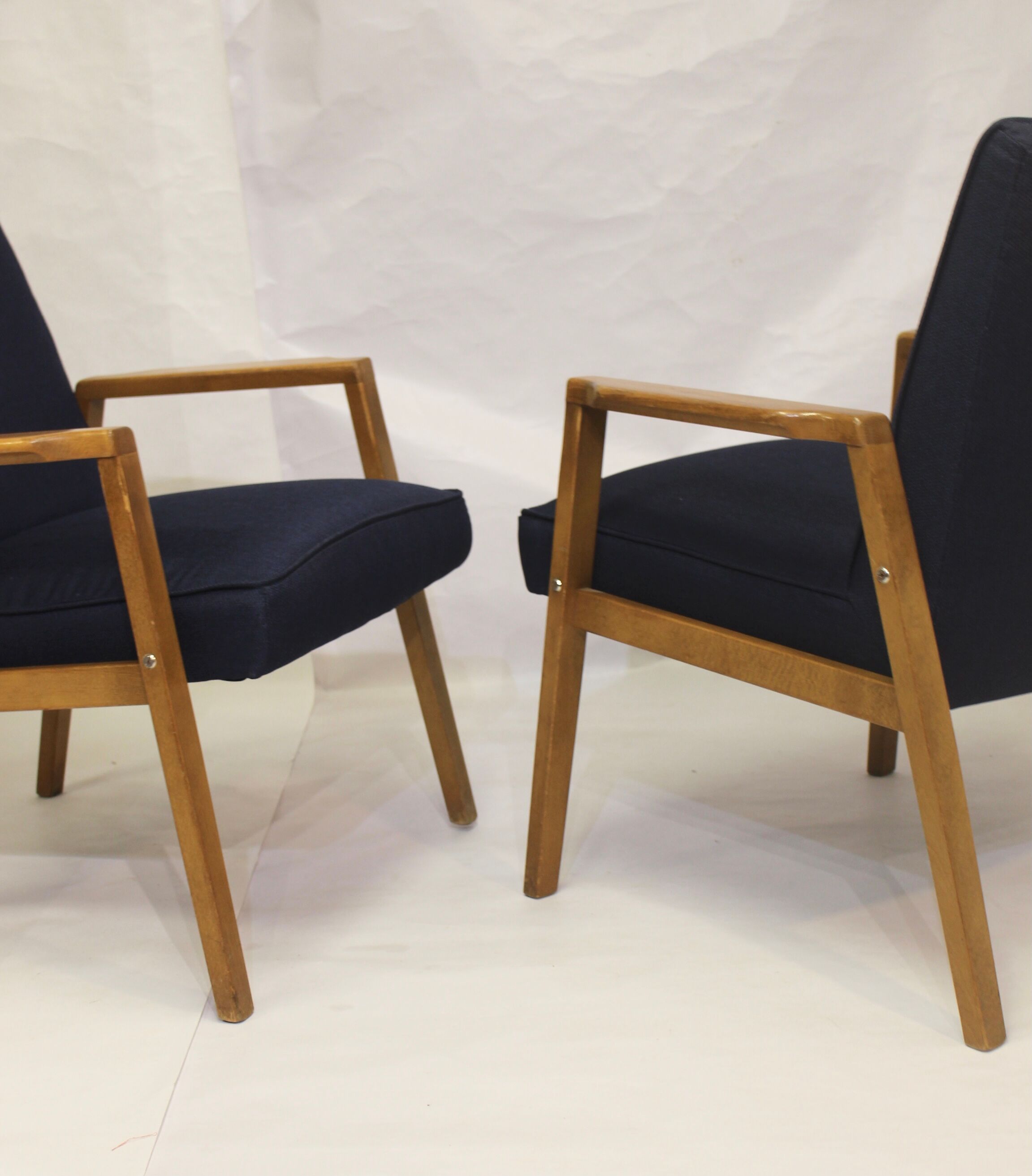 Pair of Scandinavian armchairs 60s restored deep blue gloved fabric.