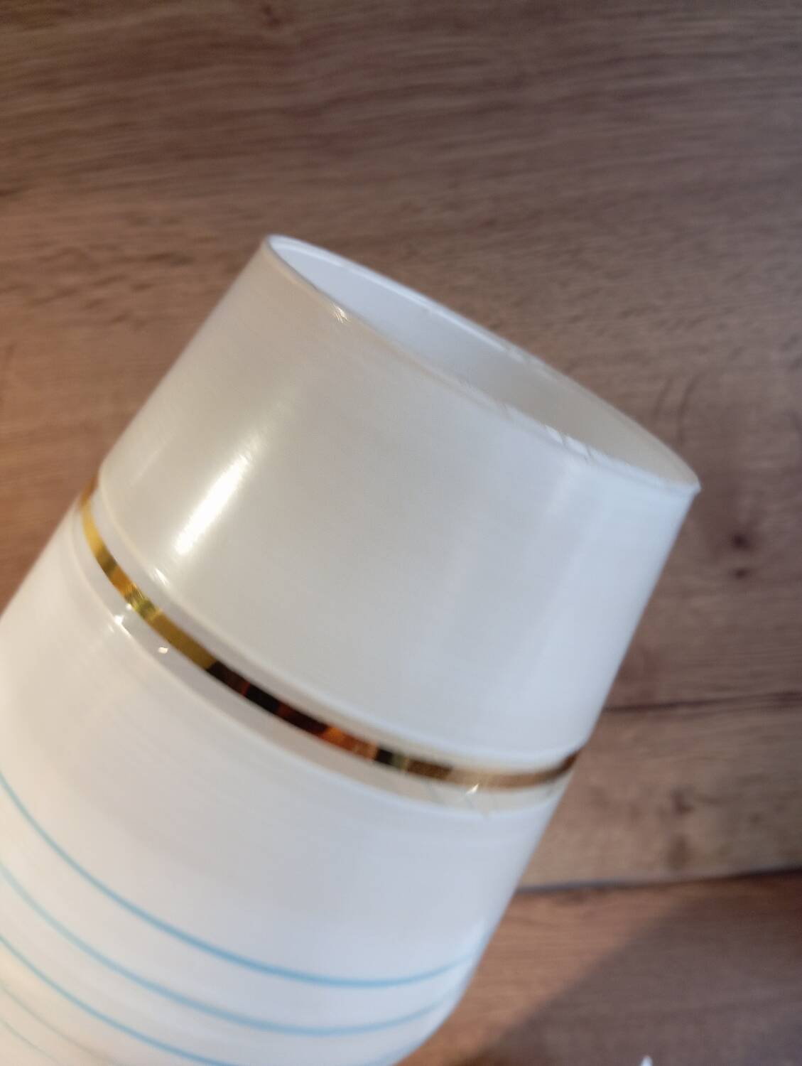 Mid century art deco pendant light fixture, gold striped glass, azure blue