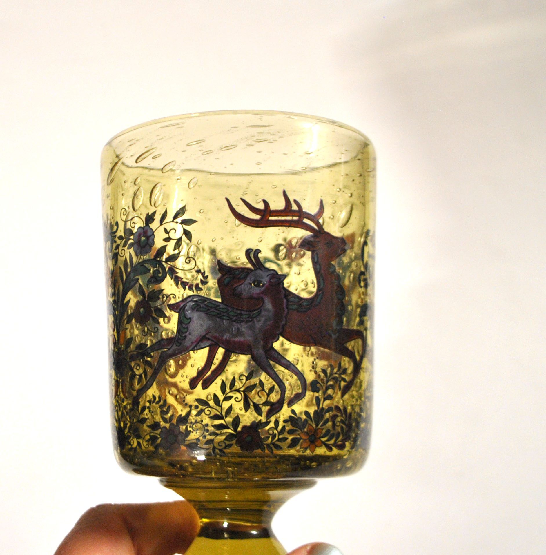 Roemer glass in bubble glass, enamelled, hunter Alfred TAUBE VOHENSTRAUSS Germany