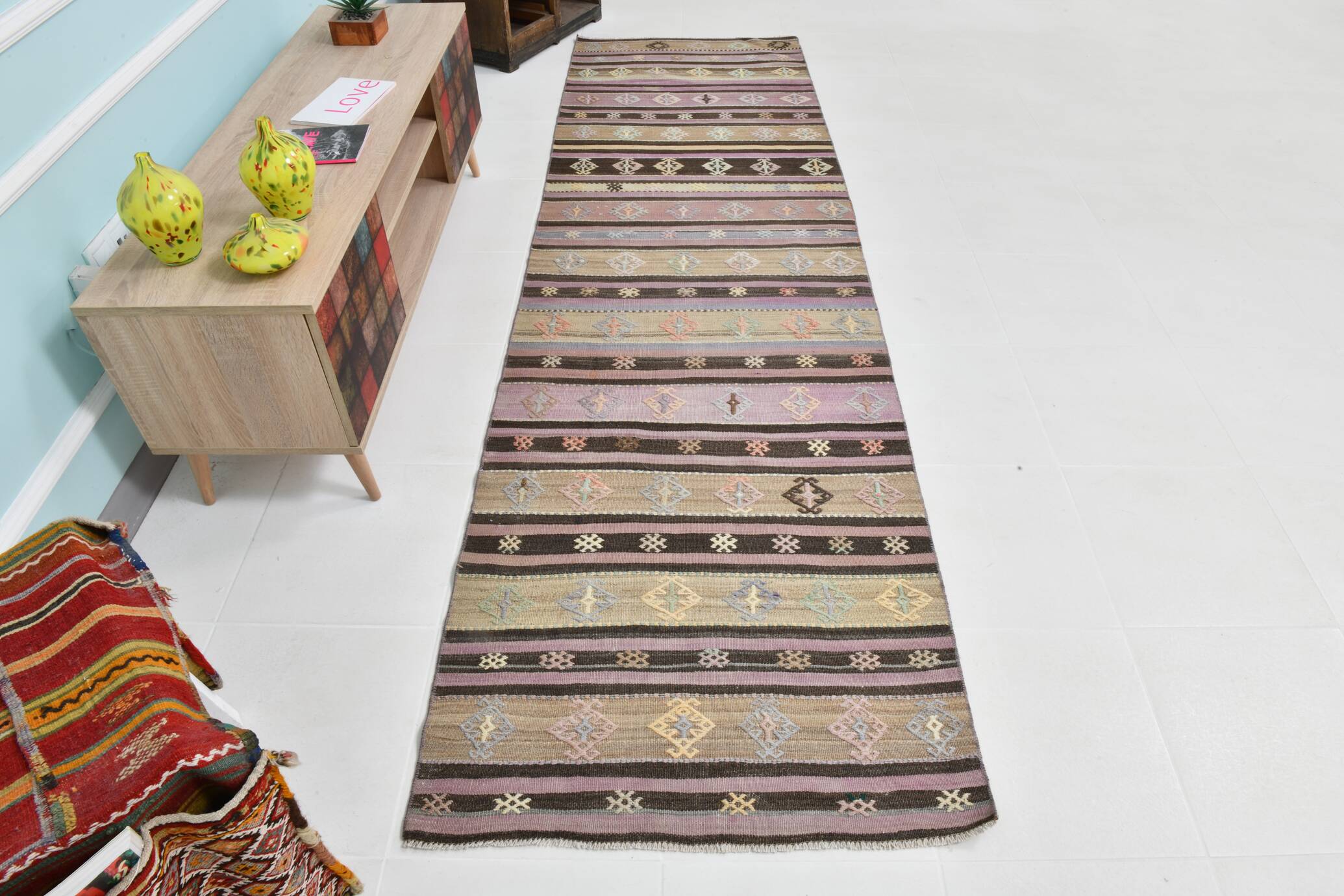 3x10 Pastel Pink & Brown Striped Kilim Runner Rug, 90x315Cm