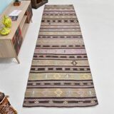 3x10 Pastel Pink & Brown Striped Kilim Runner Rug, 90x315Cm
