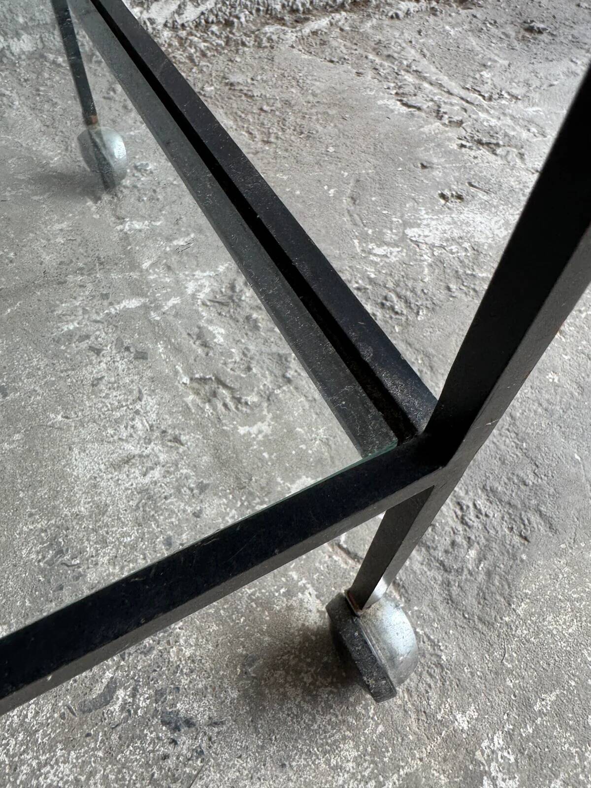 Herbert Hirche black metal side table with chrome tubular frame and laminated top, Bauhaus 1950s