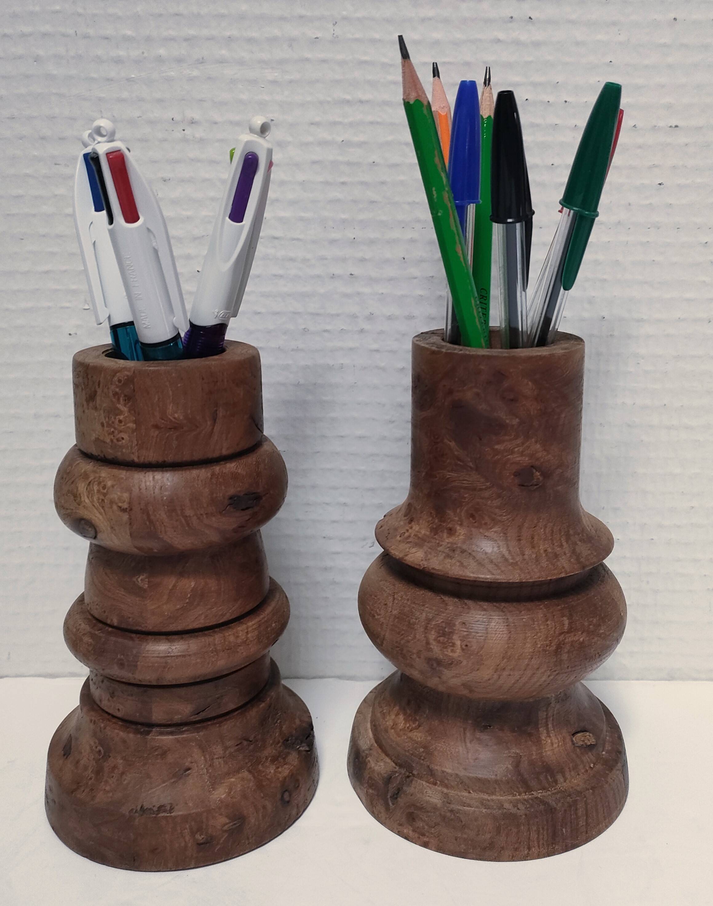 Two vintage turned wood pen and pencil pots