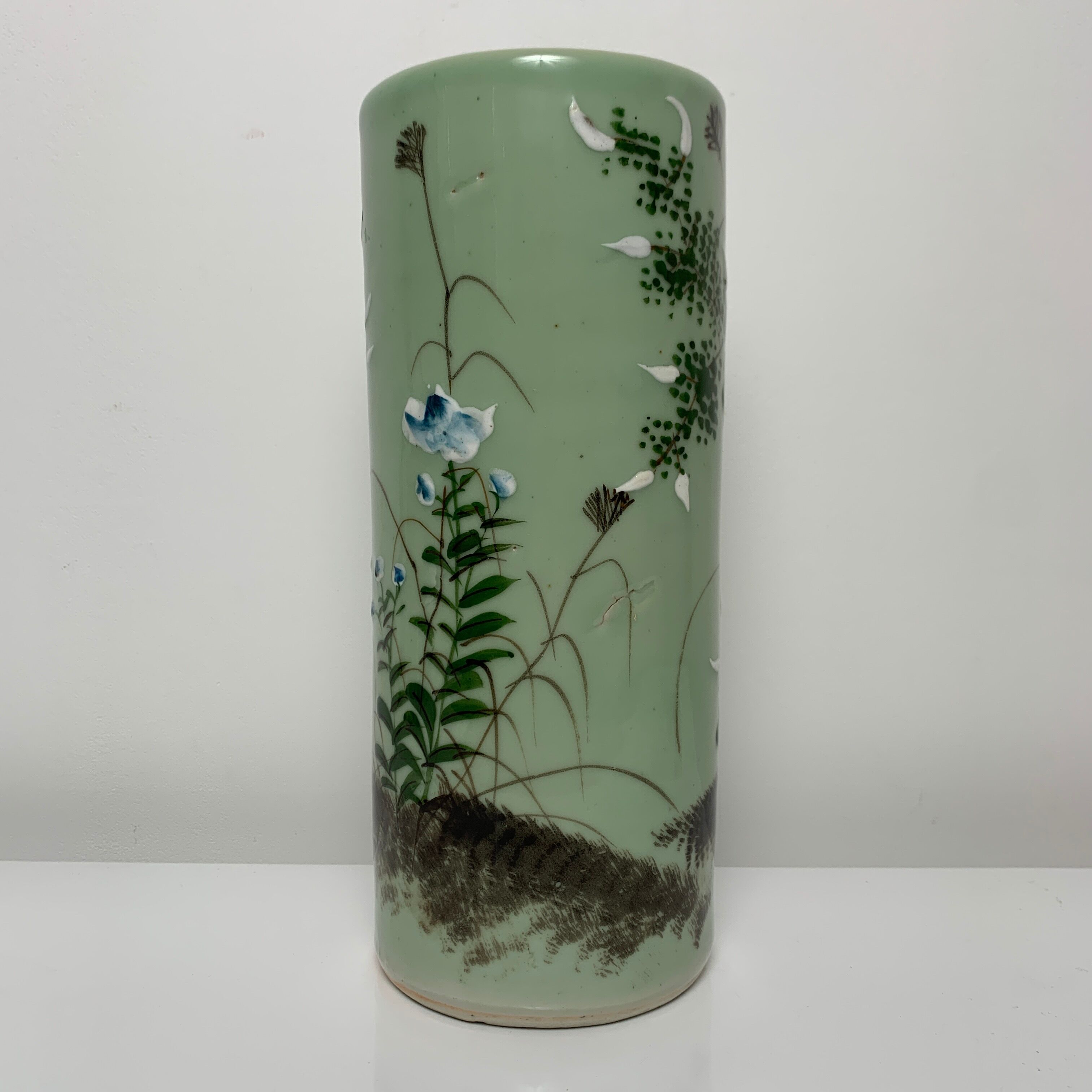 Ancient Japanese roll vase Celadon Seto 19th flower decoration