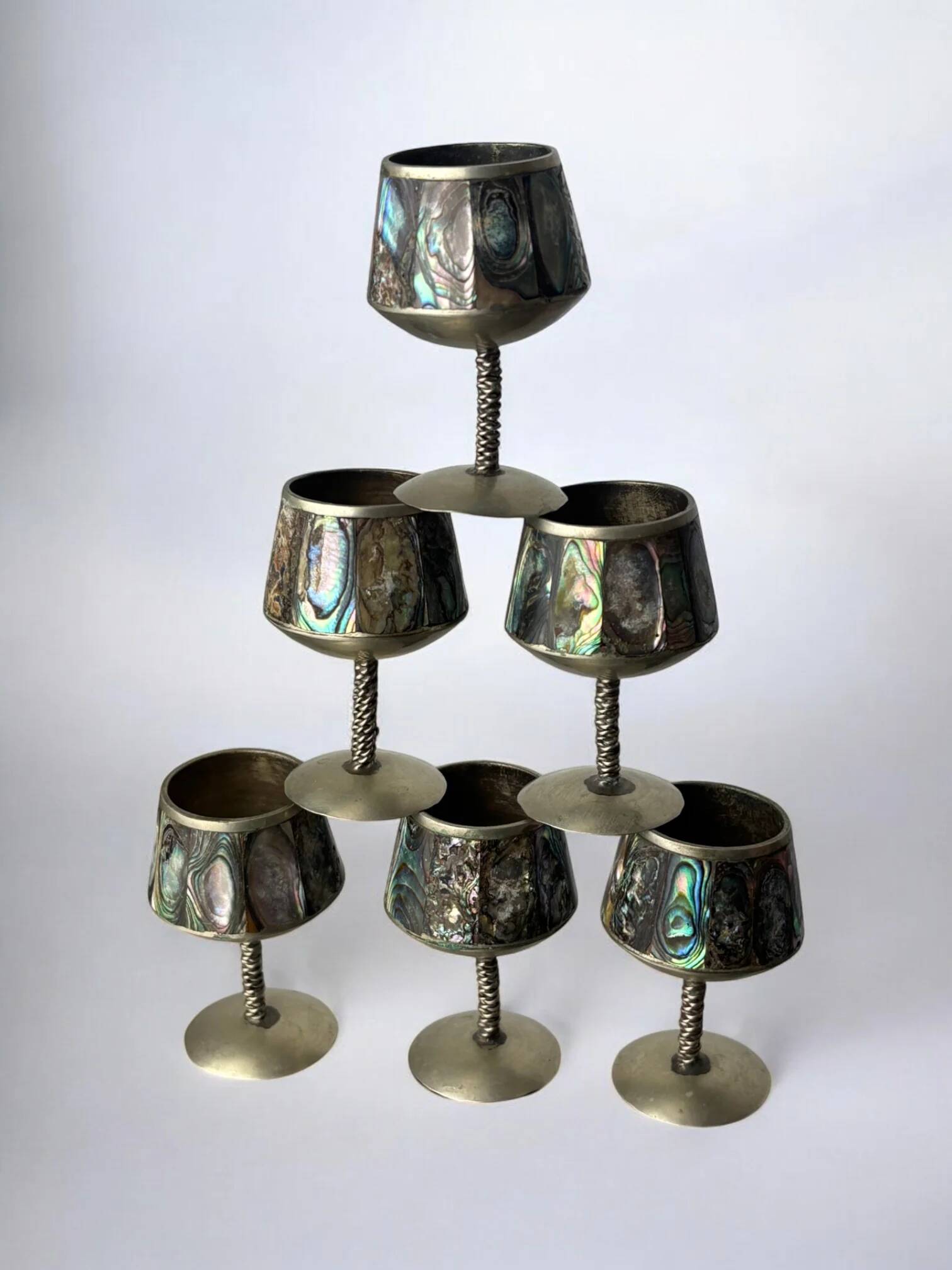 Abalone shell & alpaca shot glasses, set of 6, Mexico, 1970