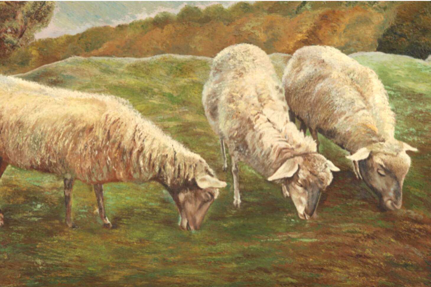 Mario Broggi.the sheep's pasture.important oil on framed wooden panel