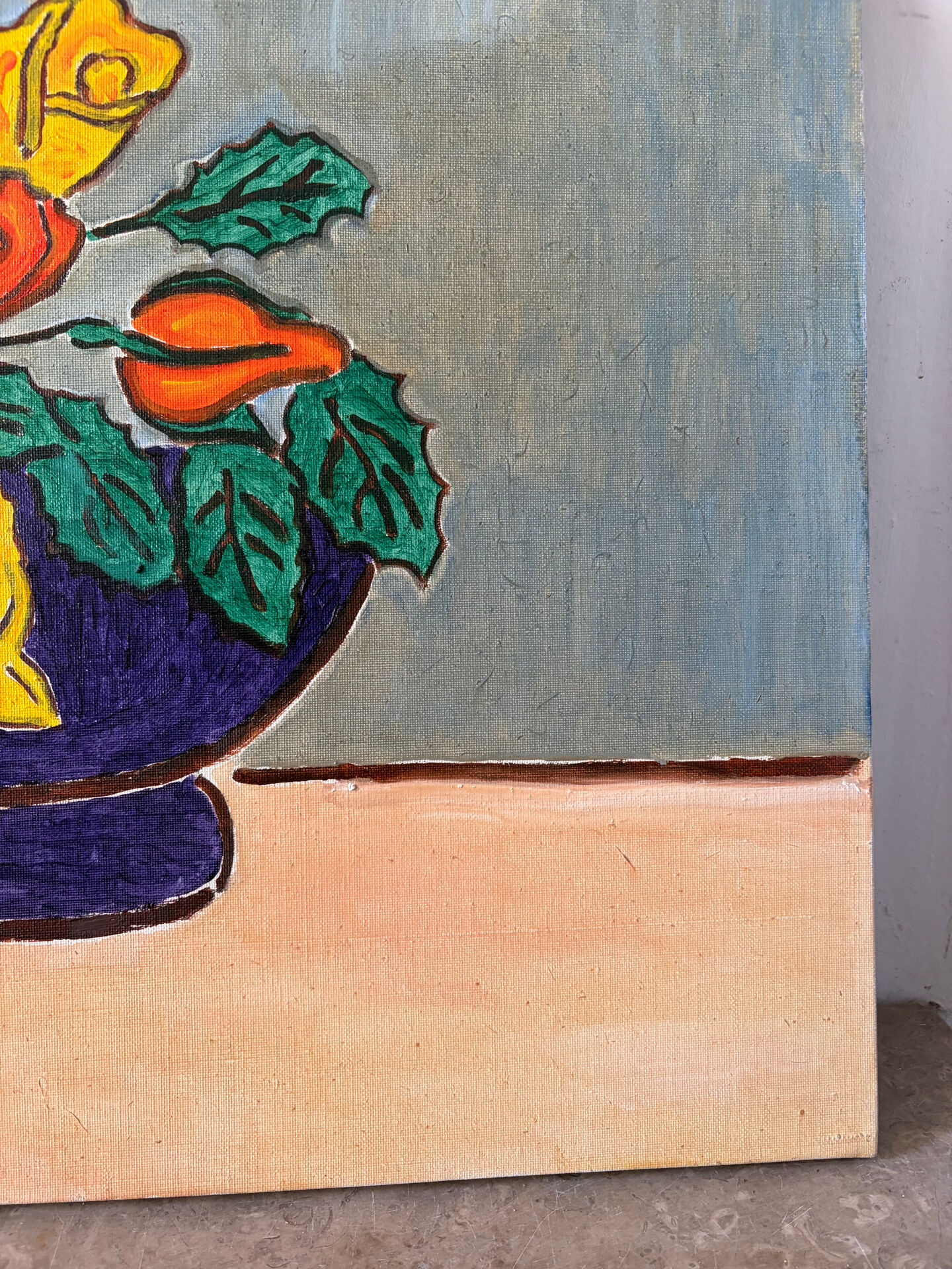 Blue bowl with flowers, oil on canvas signed 1982
