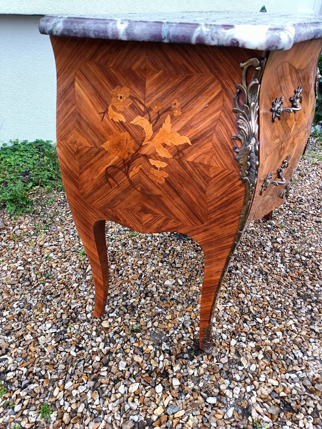 Old marquetry chest of drawers, Louis XV style marble top