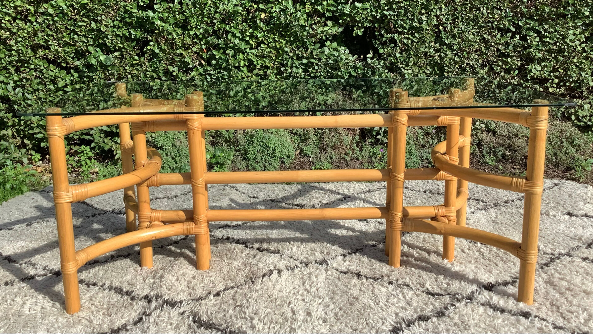 1970s rattan and glass coffee table