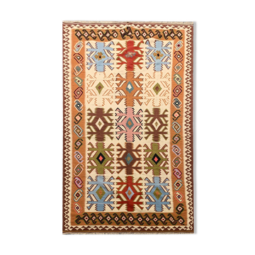 Cream wool turkish kilim handwoven tribal area rug 143x240cm