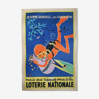 Loterie nationale - affiche ancienne/original poster lithographie 1960, l'homme-grenouille, frogman