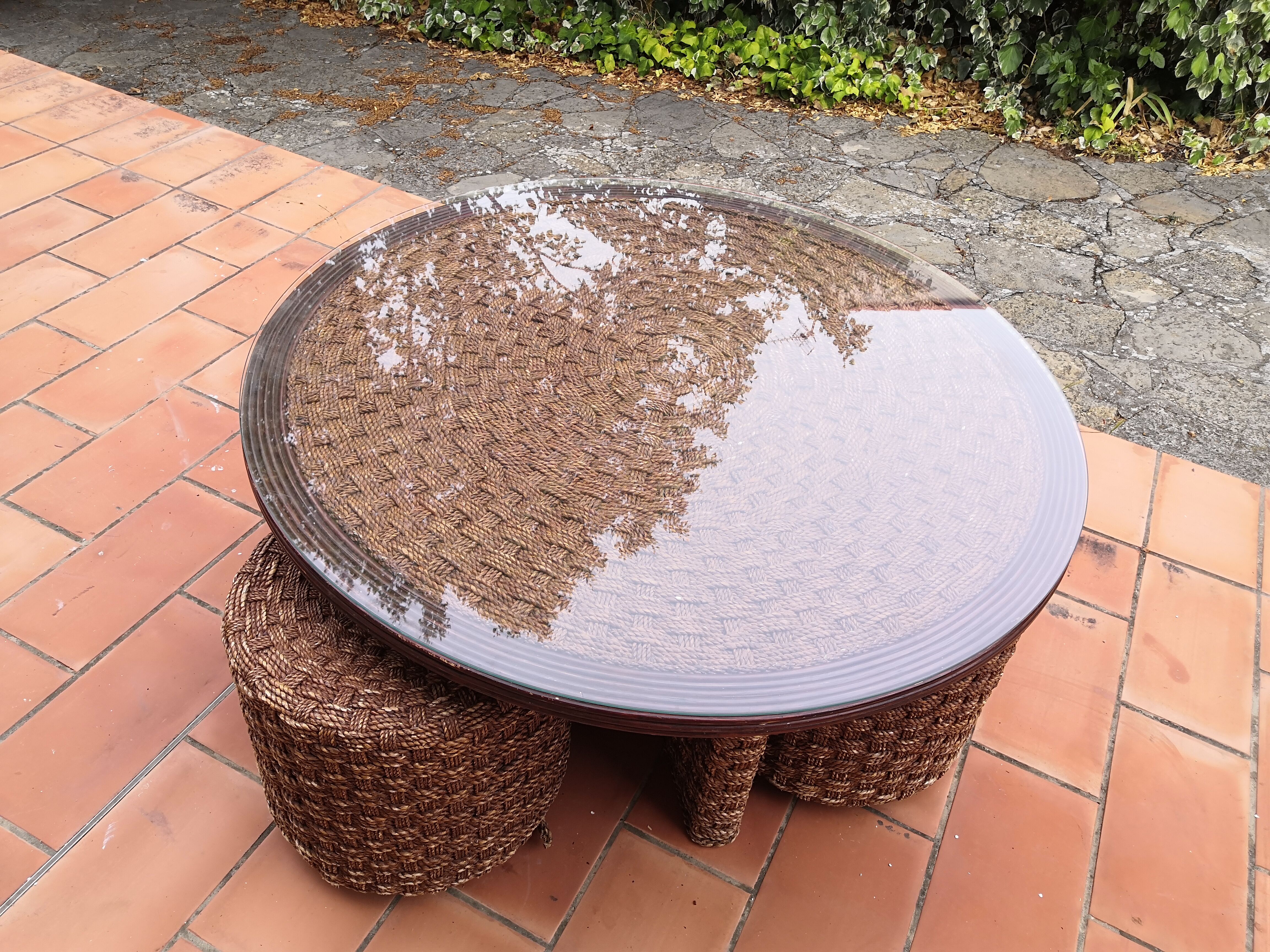 Living room set, vintage rope coffee table with 4 stools 1950