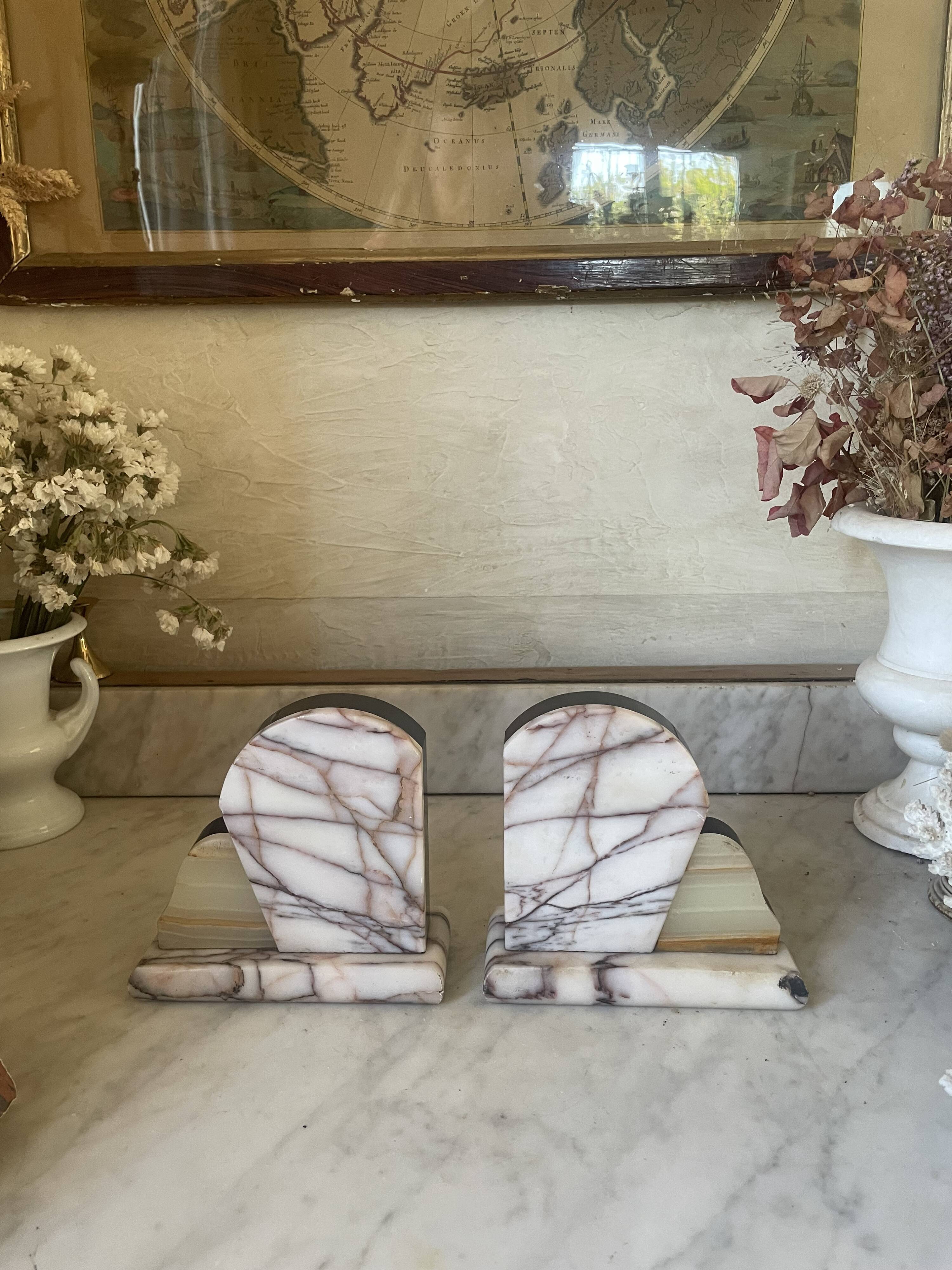 Vintage pair of marble and onyx Art Deco bookends.