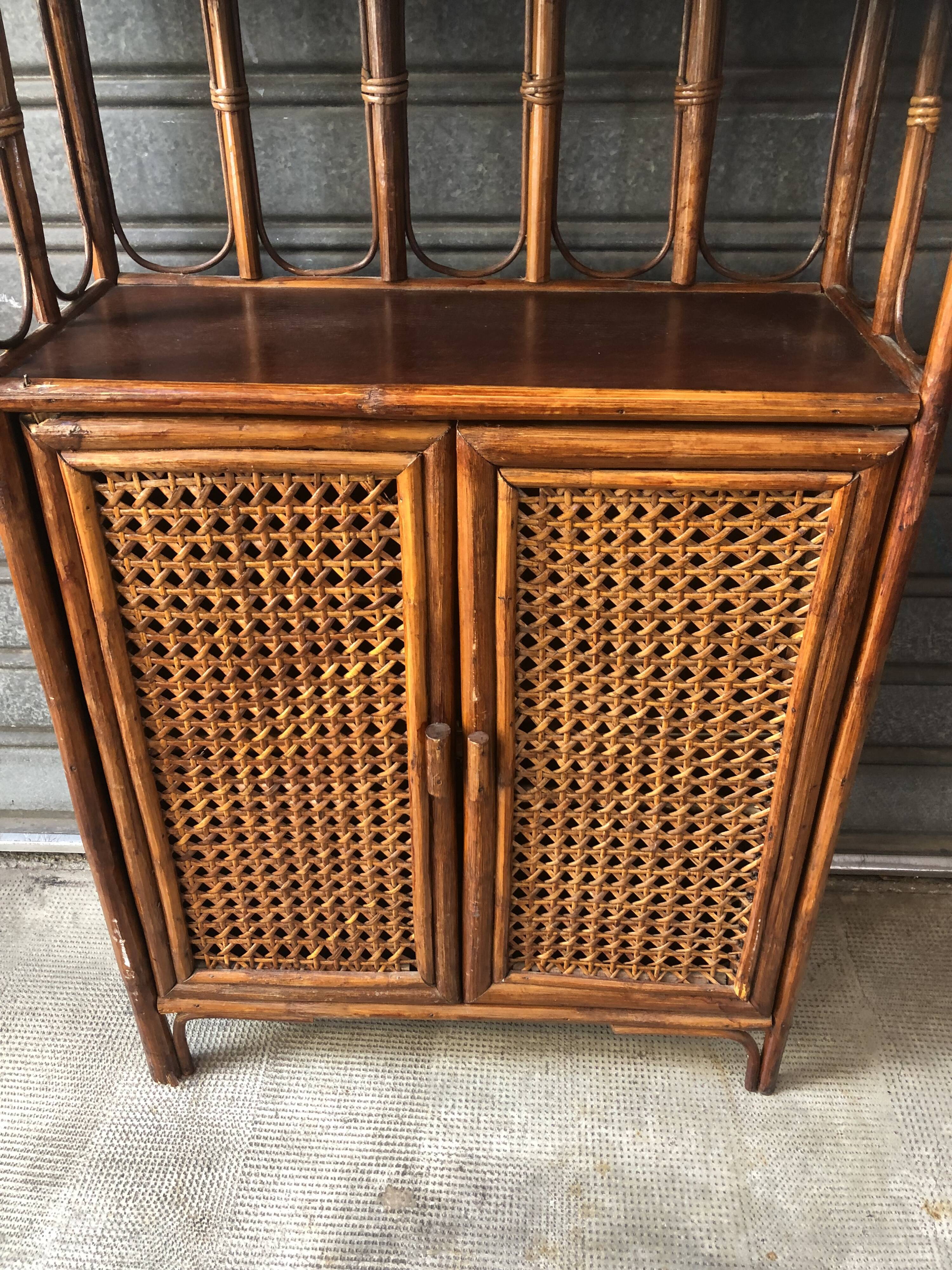 Rattan shelf with storage from the 1970s