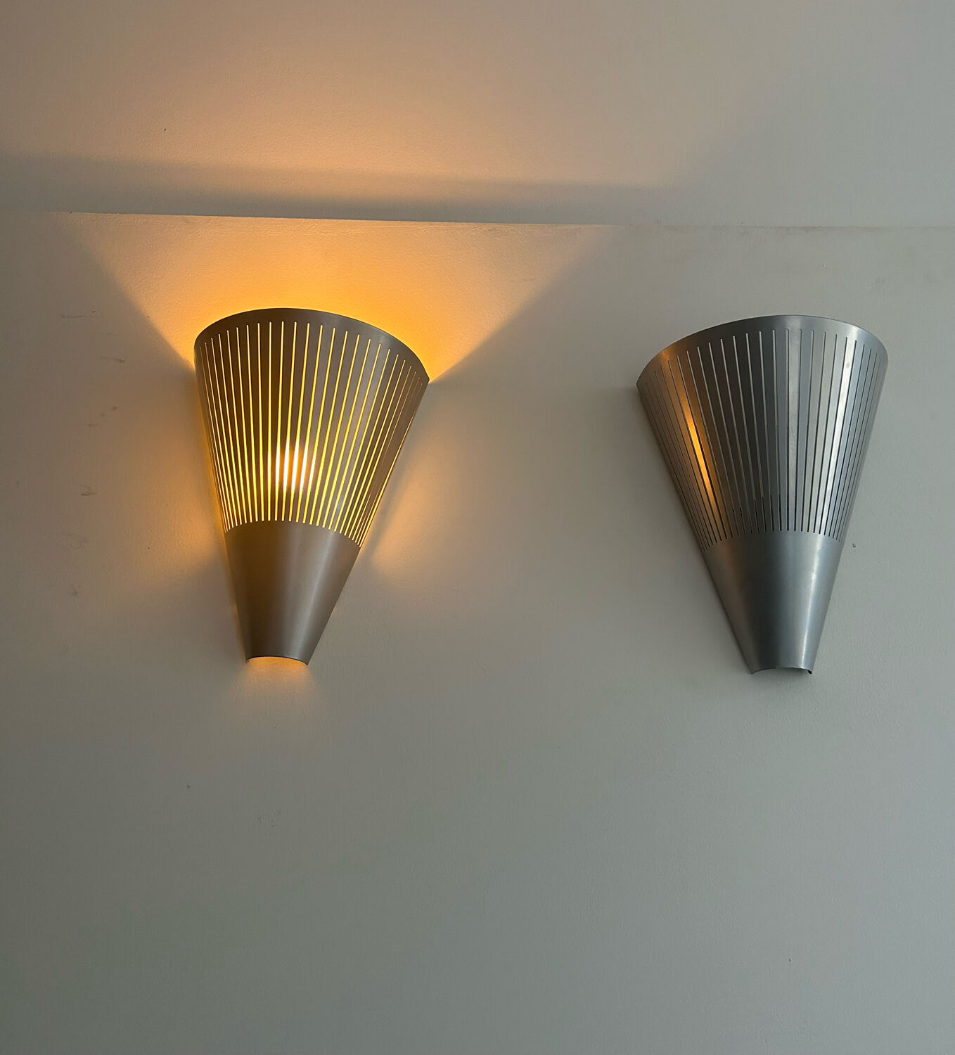Pair of vintage conical wall lights, ribbed metal, Sweden 1970