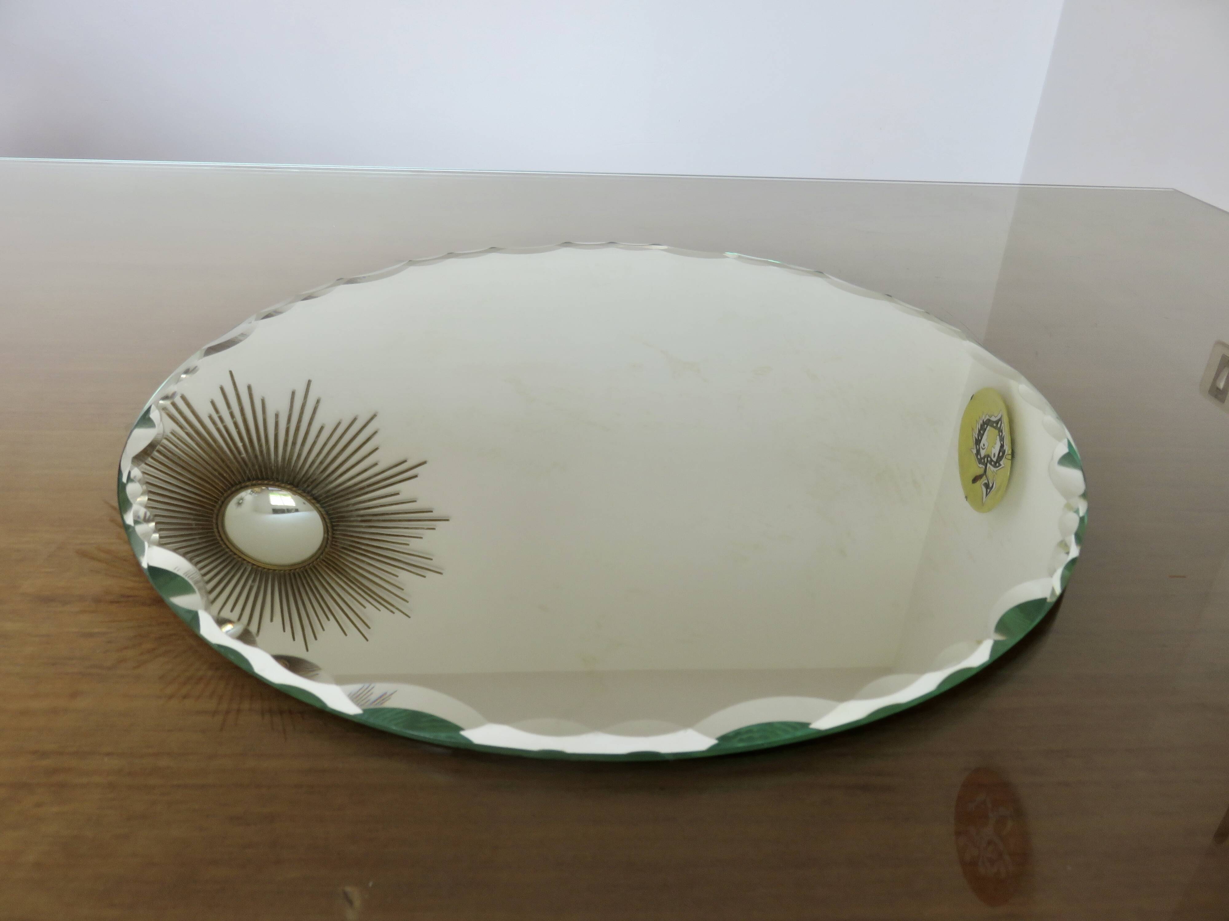 Vintage large round mirror, to be placed, bevelled, Art Deco, 1940s 50s