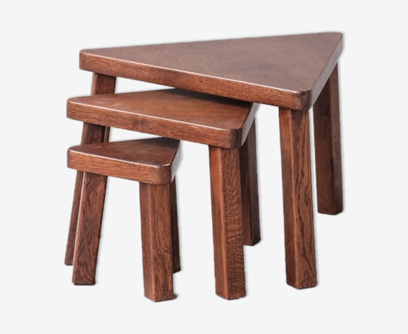 Set of three oak mid-century triangular side tables