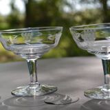 4 original antique champagne glasses in Belgian engraved glass