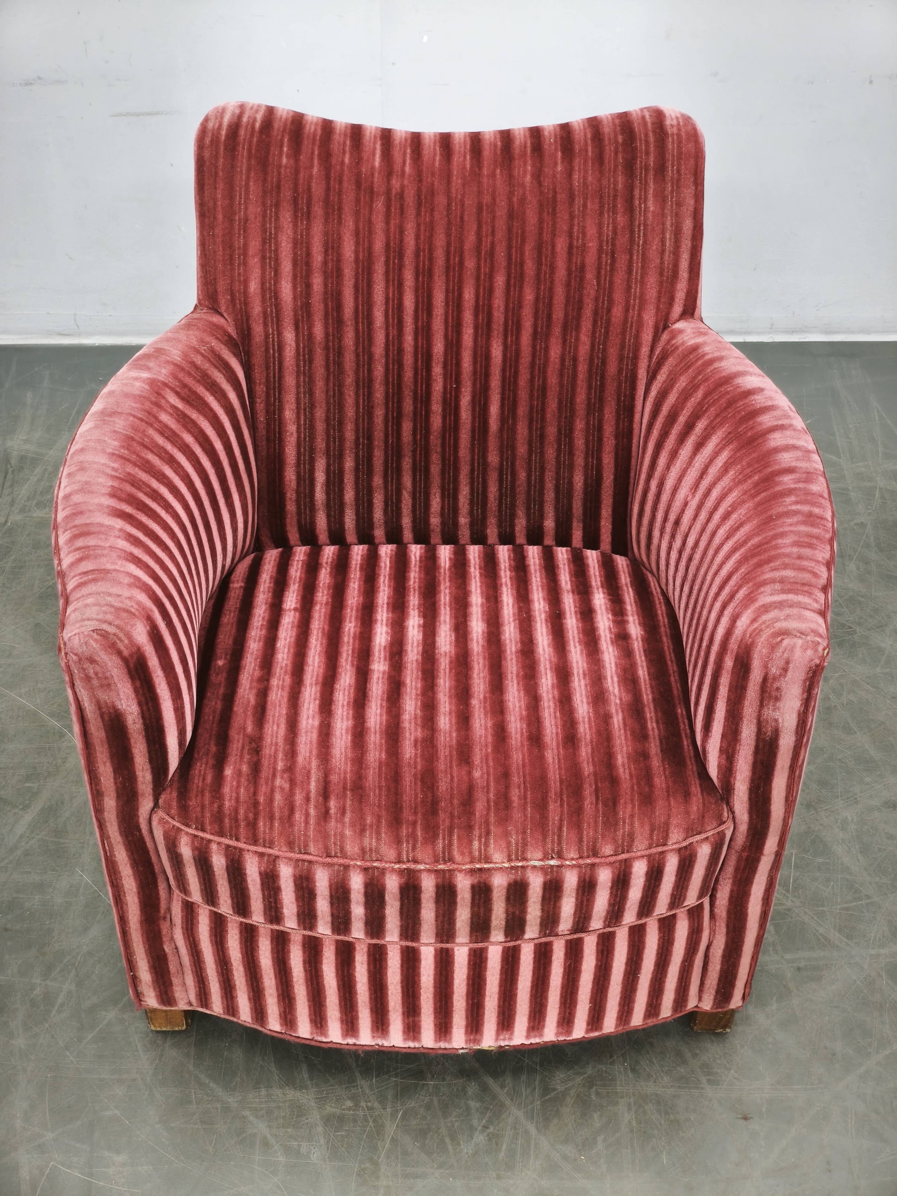 1950s Danish Modern Sculptural Velvet Lounge Armchair