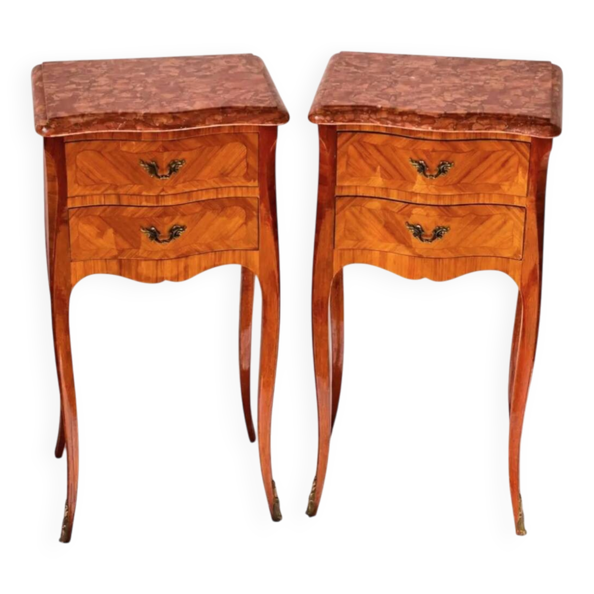 Pair of French Rosewood Nightstands, Marble Top Nighstands, Marquetry Bedsi