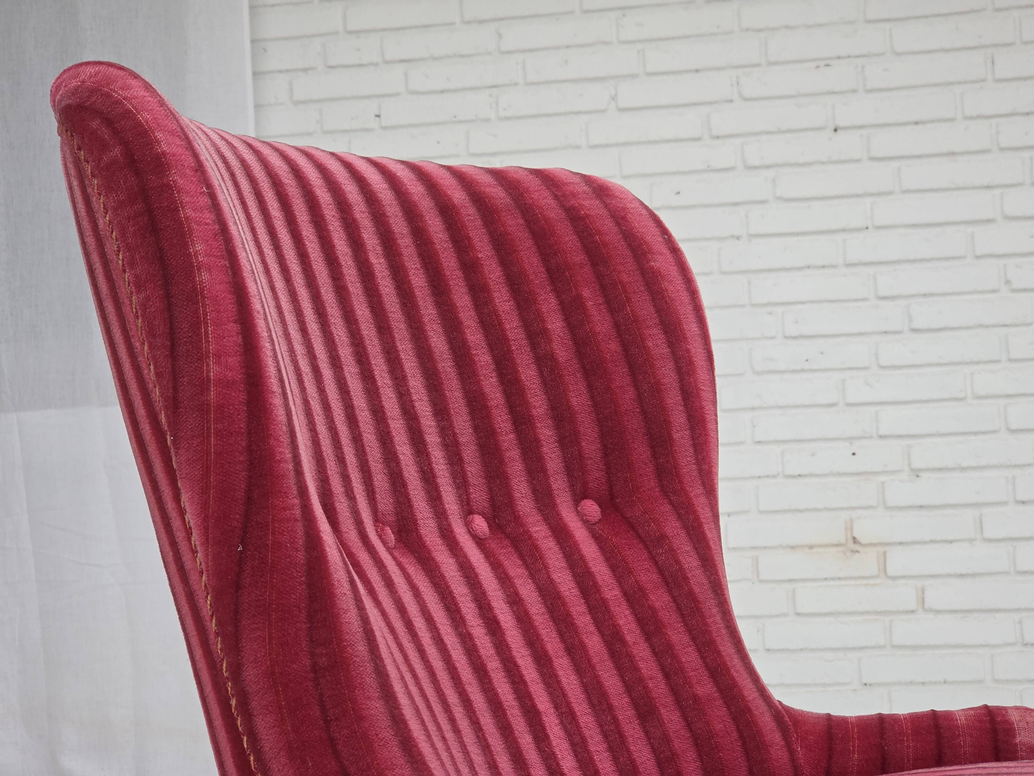 1960s, Danish armchair, original striped red furniture velour.