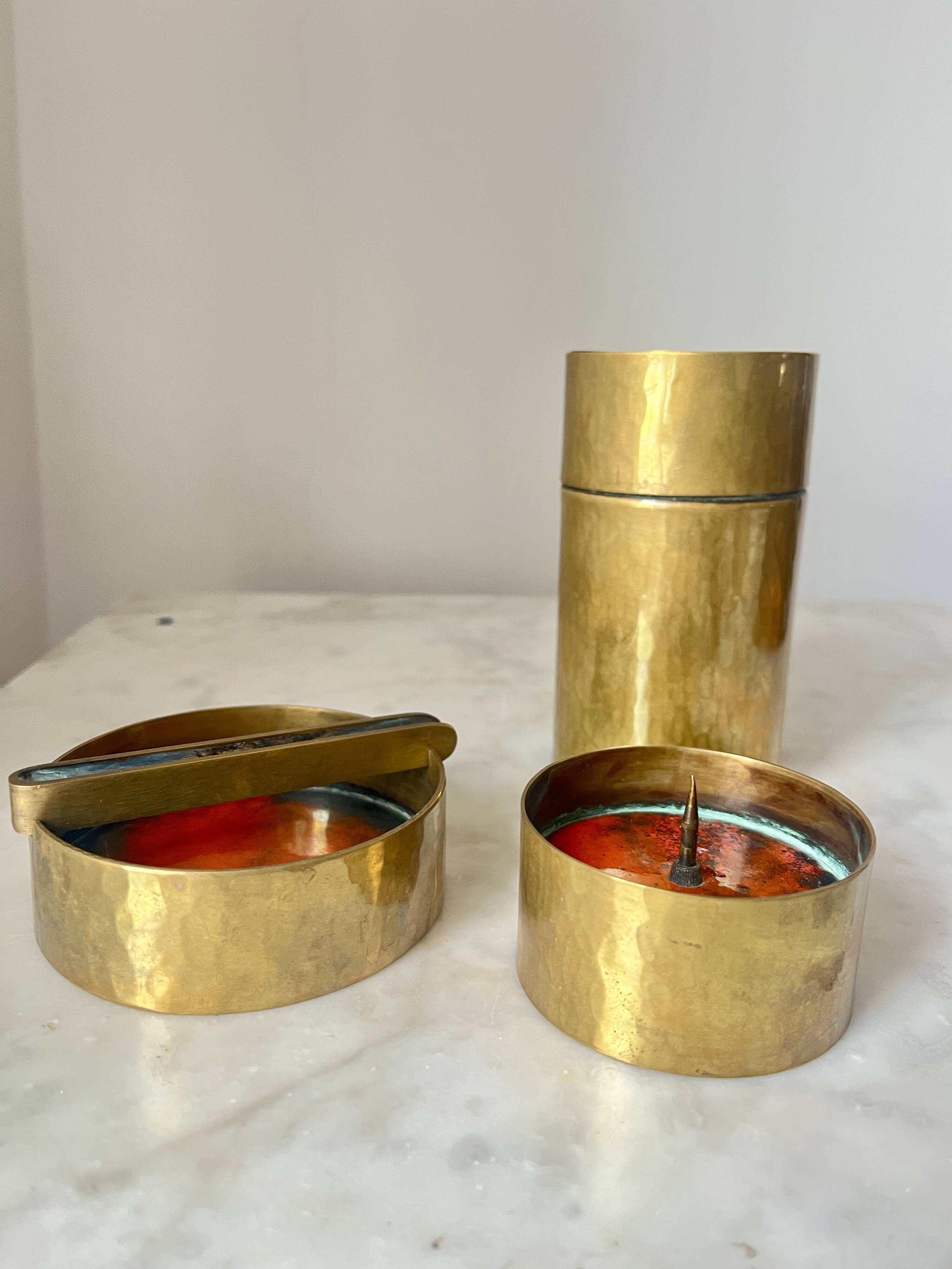Vintage Red Enamelled Bronze Set, Ashtray, Candle Holder & Lidded Jar, 50s