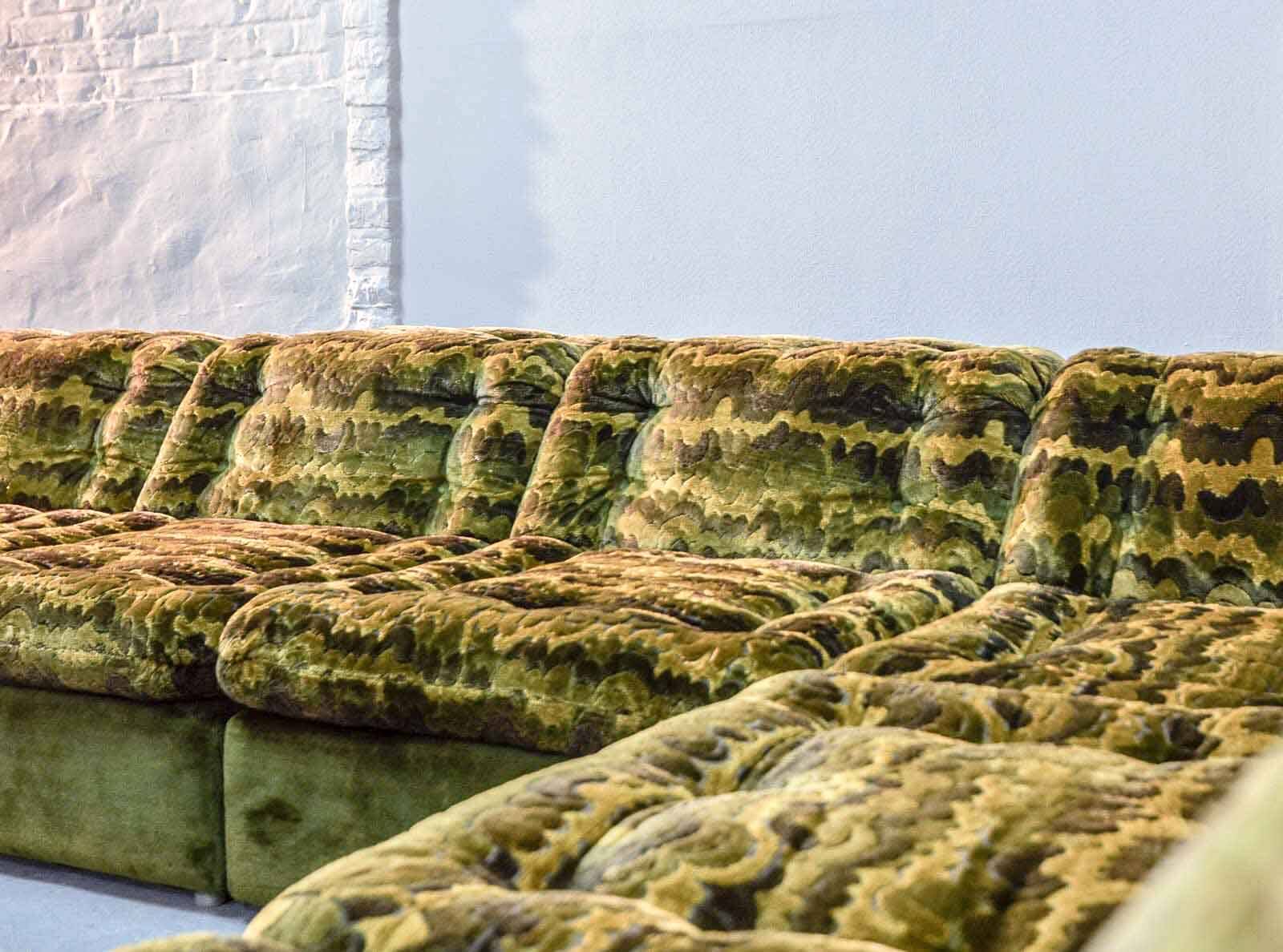 XL Woodstock Style Greenish Velvet Modular Sofa with Ottoman by Laauser 70s