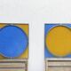 Pair of antique blue and yellow stained glass windows